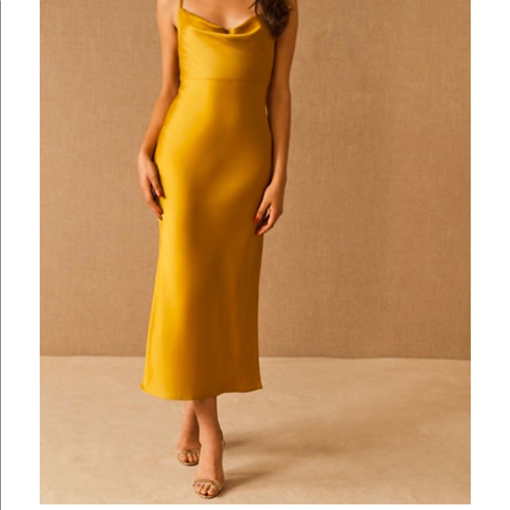 BHLDN Cali Satin Charmeuse Midi Dress, “Olive”/yellow color cowl neck
